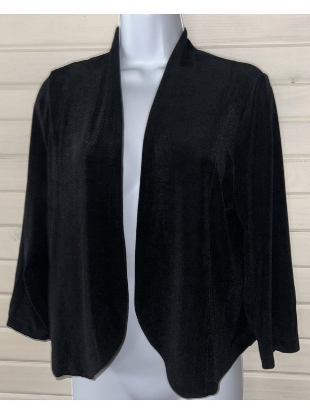 CHICOS TRAVELERS Sz 1 (MEDIUM) Black Slinky Open Front Cardigan Shrug EUC
